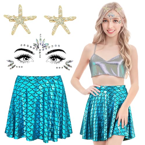 Meerjungfrau Kostüm Damen Set: Meerjungfrau Rock Damen Set mit Fischschuppen Rock Seestern Haarspange Glitzersteine Gesicht - Faschingskostüme Damen Meerjungfrau für Karneval Mottoparty Cosplay von YODITI