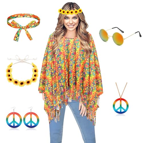 YODITI Hippie Kostüm Damen Set: Hippie Poncho Damen Set mit 60er 70er Jahre Hippie Zubehör Karneval Faschingskostüme Damen Hippie Kleidung - Damen Boho Flower Power Bekleidung Frau Mode Disco Outfit von YODITI