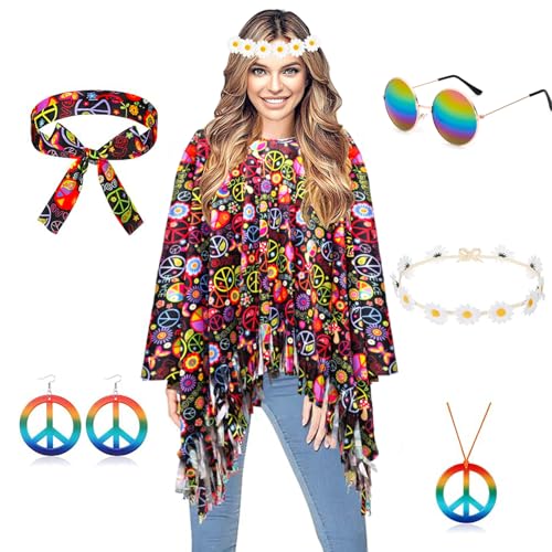 YODITI Hippie Kostüm Damen Set: Hippie Poncho Damen Set mit 60er 70er Jahre Hippie Zubehör Karneval Faschingskostüme Damen Hippie Kleidung - Damen Boho Flower Power Bekleidung Frau Mode Disco Outfit von YODITI