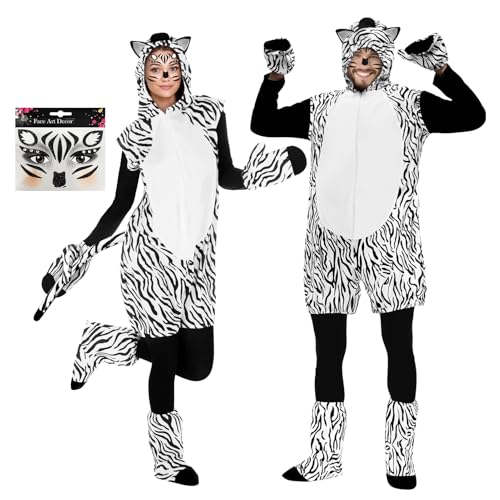 YODITI Zebra Kostüm Damen Herren Erwachsene: Tierkostüm Damen Faschingskostüme Dschungel Kostüm Unisex Adulte mit Ohren und Schwanz - Tier Jumpsuit kostüm für Fasching Karneval Mottoparty Verkleidung von YODITI