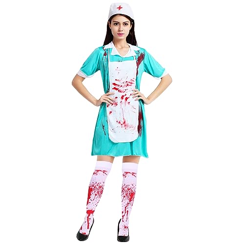 Zombie Krankenschwester Kostüm Halloween Damen: Horror Arzt Kostüme mit Schürze und Strümpfe für Frauen - Erwachsene Blutige Krankenhausar kleid Uniform für Helloween Carnival Fancy Dress Party von YODITI