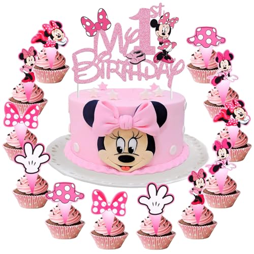 YOGARTH 25 Stück Min-ni Mous Tortendeko 1. Geburtstag Mädchen, Min-ni Maus Cake Topper 1. Geburtstag, Kuchen Deko Set, Happy Birthday Topper für Mädchen Geburtstag Kuchen Dekoration (C) von YOGARTH