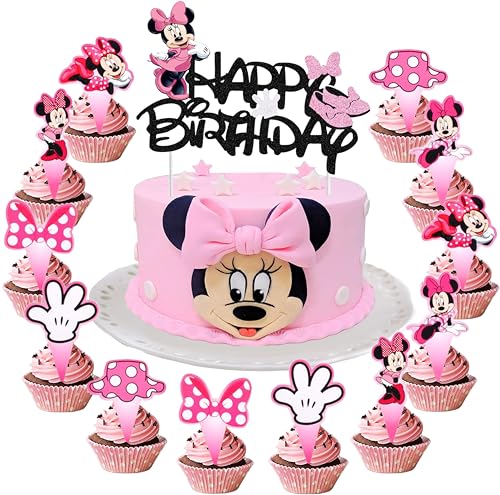 YOGARTH 25 Stück Min-ni Mous Tortendeko Mädchen, Min-ni Maus Kuchen Deko Kindergeburtstag, Cake Topper Set, Happy Birthday Topper für Mädchen Geburtstag Party Kuchen Dekoration Supplies (B) von YOGARTH