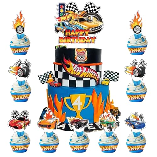 YOGARTH 29 Stück Hot Wh-els Tortendeko Jungen, Hot Wh-els Kuchen Deko Kindergeburtstag, Cake Topper Set, Happy Birthday Topper für Jungen Geburtstag Party Kuchen Dekoration Supplies (B) von YOGARTH