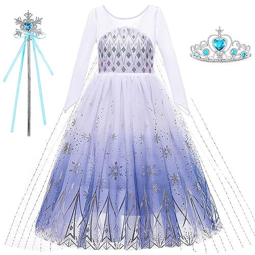 YOGLY ELSA Kostüm Mädchen Eiskönigin Prinzessin Kleid Fasching Festkleid mit Langer Umhang und Krone Zauberstab Anzug für Halloween Weihnachten Karneval Geburtstag Party Cosplay Ballkleid Outfit Weiß von YOGLY