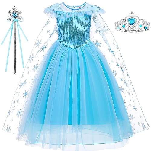 YOGLY ELSA Kostüm Mädchen Eiskönigin Prinzessin Kleid Fasching Festkleid mit Schneeumhang und Krone Zauberstab Anzug für Halloween Weihnachten Karneval Geburtstag Party Cosplay Ballkleid Outfit Blau von YOGLY