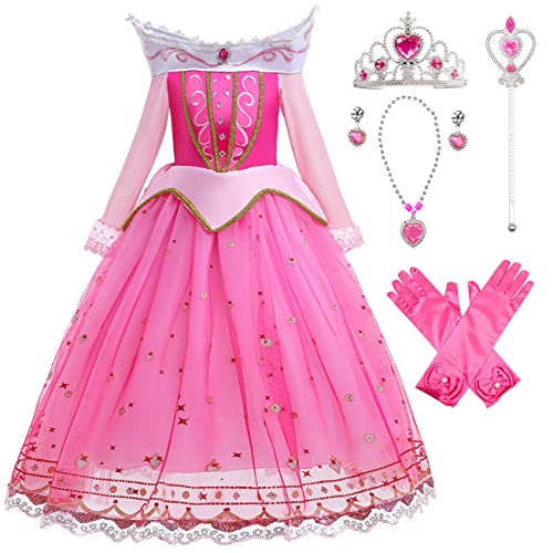 YOGLY Mädchen Prinzessin Aurora Kostüm Dornröschen Verkleidung Kinder Prinzessin Kleid mit Accessoires Geburtstag Party Weihnachten Halloween Karneval Cosplay Kleider 2-11 Jahre von YOGLY