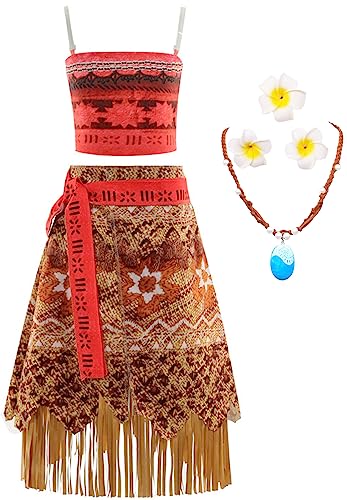 YOGLY Moana Kostüm und Zubehör Mädchen Cosplay Abenteuer Prinzessin Moana Kleid Party Outfits Verkleidung Halloween Weihnachten Karneval Party Fasching Festkleid Alter 3-12 Jahre von YOGLY