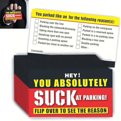 YOHFRFGX You Suck at Parking Cards, Bad Parking Cards, You Parked Like An Idiot Cards, Bad Parking Stickers Funny Parking Violation Tickets with Multi Violation Reasons for Hilarious Prank (1pcs) von YOHFRFGX