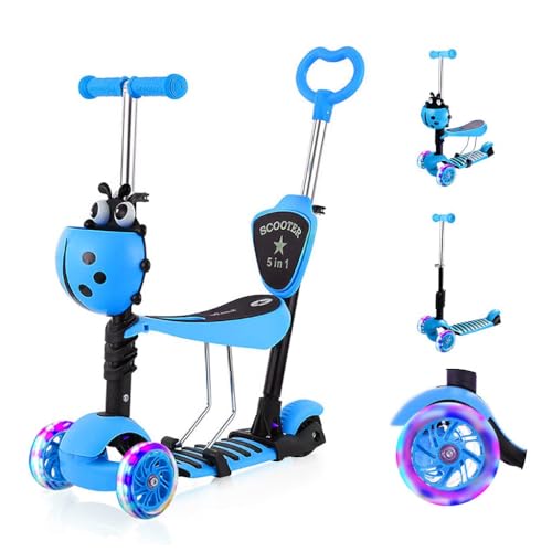 YOLEO 5-in-1 Kinder Roller Scooter mit Abnehmbarer Karikaturkorb Sitz Schubstange LED große Räder Bequeme Rückenlehne Höheverstellbare Lenker für Kleinkinder Jungen Mädchen ab 2 Jahre (Blau) von YOLEO