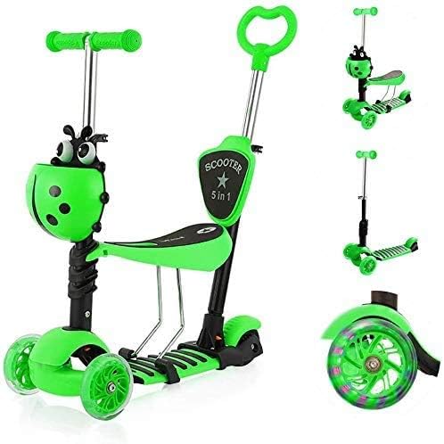 YOLEO 5-in-1 Kinder Roller Scooter mit Abnehmbarer Karikaturkorb Sitz Schubstange LED große Räder Bequeme Rückenlehne Höheverstellbare Lenker für Kleinkinder Jungen Mädchen ab 2 Jahre (Grün) von YOLEO