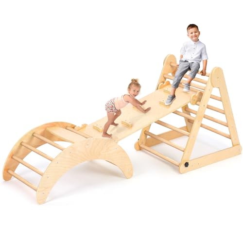 YOLEO Kletterbogen Holz, 3 in 1 Bogenwippe, Indoor Klettergerüst für Babys ab 2 Jahr, Montessori Wippe, Spielbogen mit Kletterdreieck/Rutsche Kombinierbar, Leiter für Gleichgewichtstraining von YOLEO