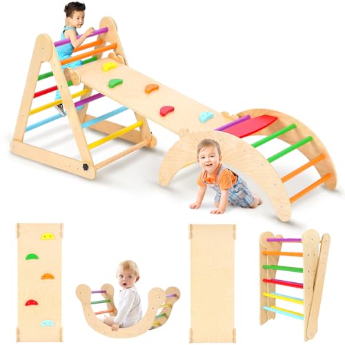 YOLEO Klettergerüst Indoor, 3-in-1 Montessori kletterdreieck mit Rutsche, Kletterbogen, Stabilem Baby-Klettergerüst und Kletterdreieck ab 1 Jahr Regenbogen, Kletterbogen mit Rutsche für Kinder, Holz von YOLEO