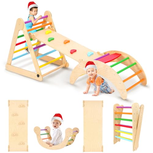 YOLEO Klettergerüst Indoor, 3-in-1 Montessori kletterdreieck mit Rutsche, Kletterbogen, Stabilem Baby-Klettergerüst und Kletterdreieck ab 1 Jahr Regenbogen, Kletterbogen mit Rutsche für Kinder, Holz von YOLEO