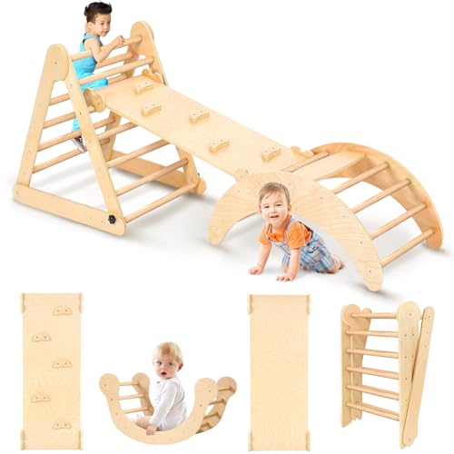 YOLEO Klettergerüst Indoor, 7-in-1 Montessori kletterdreieck mit Rutsche, Kletterbogen, Stabilem Baby-Klettergerüst und Kletterdreieck ab 1 Jahr, Rutsche für Kinder, Kletterbogen mit Rutsche, Holz von YOLEO