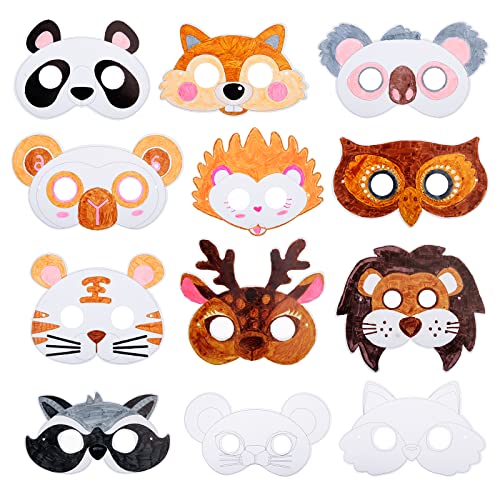 YOLOUP 24 Stücke Tiermasken für Kinder Ausmalen Kindermasken in Tier Form Eichhörnchen Löwe Panda Rotwild Herbst Tier Maske Kreatives Bastelset für Mädchen Jungen Geburtstag Geschenk Kostüm Party, S von YOLOUP