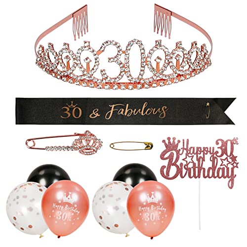 YOLOUP 30. Geburtstagskrone Schärpe Set Rose Gold 30 Geburtstag Krone Frauen 30. Kristall Tiara mit Geburtstagsschärpe Geburtstag Deko für Damen 30. Geburtstagsfeier Party von YOLOUP