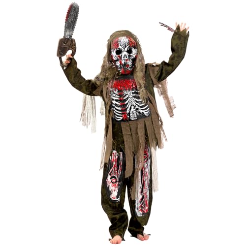 YOMIQIU Halloween Zombie Kostüm Kinder: Gruseliges Skelett Zombie Kostüm Kinder Set, Lebende Toten Kostüm mit Spielzeugkettensäge für Halloween Cosplay Kostümpartys, Rollenspiele, Themenpartys (M) von YOMIQIU