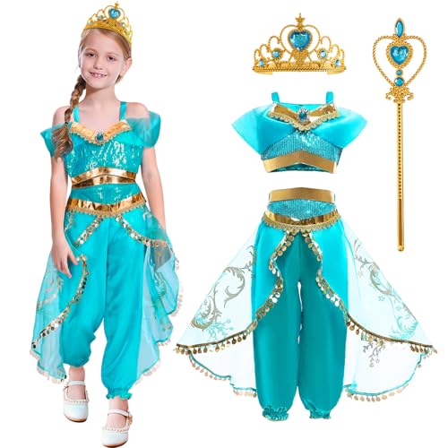 YOMIQIU Jasmin Prinzessin Kostüm Mädchen: Prinzessin Kleid für Kinder, Aladdin Tanzen Oberteile Hosen mit Krone und Zauberstab für Karneval Halloween Fasching Cosplay Geburtstag Verkleidung (110) von YOMIQIU