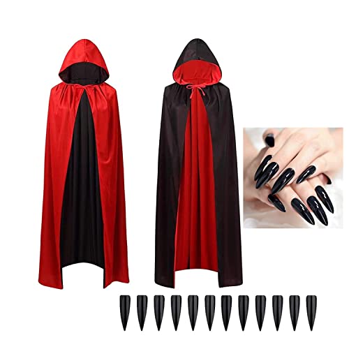 YONGIAGA Halloween Doppelseitig Vampir Umhang mit Kapuze Kapuzenumhang Schwarz Rot Cape Vampir Kostüm Damen Vampirumhang mit Kapuze, 1 Stück, Mit 12 Stück Schwarzen Lang Falsche Fingernägel von YONGIAGA