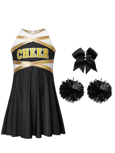 YOOJIA 3tlg. Mädchen Cheerleading Kostüm Ärmellos Tanzkleid Cheer Leader Outfit mit Pompons Schleife für Halloween Dress Up Fasching Ein Schwarzer 134-140 von YOOJIA