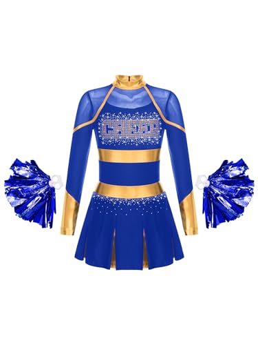 YOOJIA Cheer Leader Kostüm Mädchen Tanzkleid Halloween Karneval Kostüm Cheerleading Uniform Kleid mit Pompoms Blau 110-116 von YOOJIA