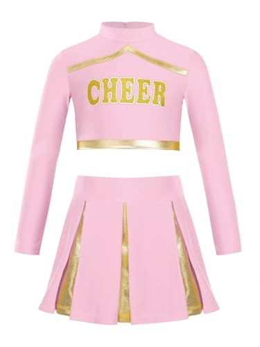 YOOJIA Cheerleadering Kostüm Mädchen Cheer Outfit Langarm Crop Top mit Patchwork Faltenrock Tanzkleidung für Halloween Rosa 134-140 von YOOJIA