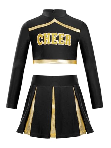 YOOJIA Cheerleadering Kostüm Mädchen Cheer Outfit Langarm Crop Top mit Patchwork Faltenrock Tanzkleidung für Halloween Schwarz 146-152 von YOOJIA