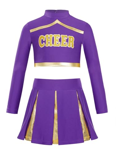 YOOJIA Cheerleadering Kostüm Mädchen Cheer Outfit Langarm Crop Top mit Patchwork Faltenrock Tanzkleidung für Halloween Violett 134-140 von YOOJIA