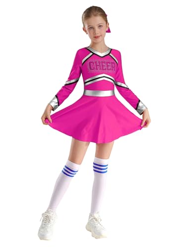 YOOJIA Cheerleadering Outfit Mädchen Langarm Kleid mit Pompoms Socken und Kopfschmuck Outfit für Karneval Halloween Hot Pink 122-128 von YOOJIA