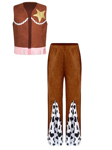 YOOJIA Cowgirl Kostüm Mädchen Kinder Fransen Weste und Kuh Druck Patchwork Schlaghosen Set Fasching Halloween Cosplay Party Verkleidung Braun 134-140 von YOOJIA