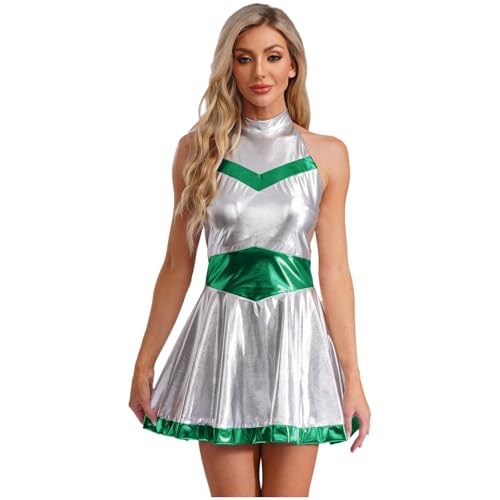 YOOJIA Damen Astronaut Kostüm Metallic Shiny Alien Kleid A-Linie Kurzes Kleid Für Fasching Karneval Halloween Grün 3XL von YOOJIA