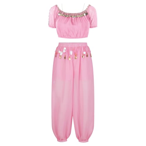 YOOJIA Damen Bauchtanz Kostüm Set Indische Tanz Kleidung Kurzarm Crop Top mit Pailletten Bloomers Hosen Halloween Karneval Kostüm Rosa Einheitsgröße von YOOJIA