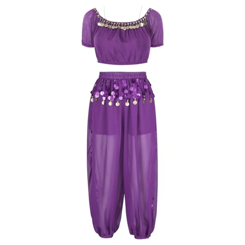 YOOJIA Damen Bauchtanz Kostüm Set Indische Tanz Kleidung Kurzarm Crop Top mit Pailletten Bloomers Hosen Halloween Karneval Kostüm Violett Einheitsgröße von YOOJIA