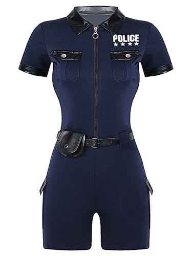 YOOJIA Damen Polizei Kostüm Polizistin Rollenspiel Cosplay Outfits Kurzarm Bodysuit Strampler Gürtel Handtasche Halloween Fasching Kostüm Navy blau 4XL von YOOJIA