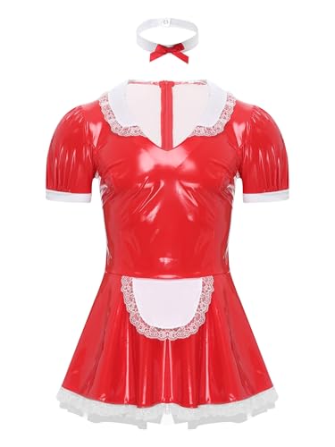 YOOJIA Herren Sissy Dessous Dienstmädchen Kostüm Männer Satin Lolita Kleid Hausmädchen A-Line Kleid Faschingskostüm Rot 3XL von YOOJIA