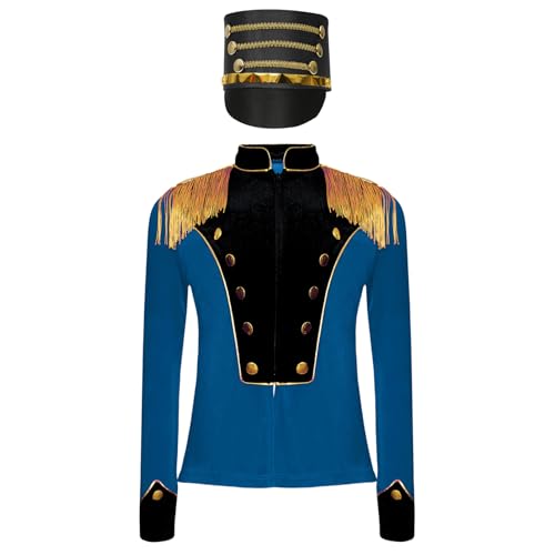 YOOJIA Jungen Mädchen Zirkus Jacke Mantel Langarm Uniform Mantel + Hut Kinder Zirkusdirektor Cosplay Karneval Fasching Dunkelblau 110-116 von YOOJIA