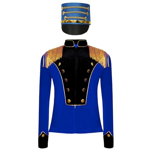 YOOJIA Jungen Mädchen Zirkus Jacke Mantel Langarm Uniform Mantel + Hut Kinder Zirkusdirektor Cosplay Karneval Fasching Königsblau 146-152 von YOOJIA