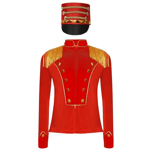 YOOJIA Jungen Mädchen Zirkus Jacke Mantel Langarm Uniform Mantel + Hut Kinder Zirkusdirektor Cosplay Karneval Fasching Rot 122-128 von YOOJIA