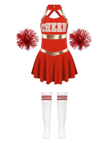 YOOJIA Kinder Cheerleadering Outfit Mädchen Cheer Uniform Kleid Cheer Kostüm mit Pompoms Socken für Karneval Halloween Party B Rot 146-152 von YOOJIA