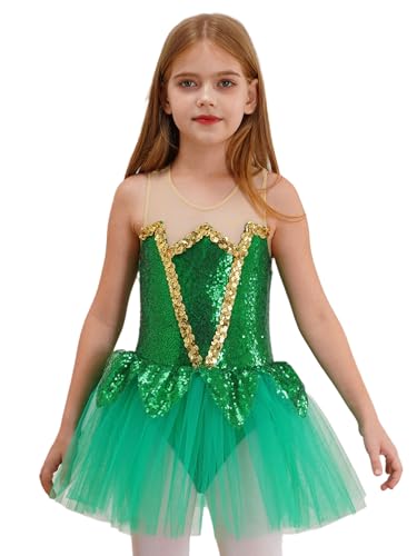 YOOJIA Kinder Mädchen Halloween Elf Cosplay Kostüm Tutu Kleid Ärmellos Fee Outfit Pailletten Mesh Tutu Kleid Bodysuit Weihnachten Karneval Cosplay Grün 110-116 von YOOJIA