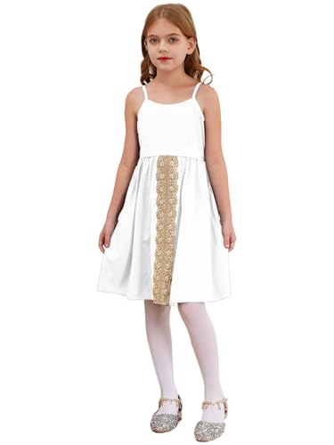 YOOJIA Kinder Mädchen Prinzessin Kleid Vintage Bestickt Partykleider Verstellbare Spaghetti Träger Kleid mit Gürtel für Hochzeit Geburtstag Weiß 170 von YOOJIA