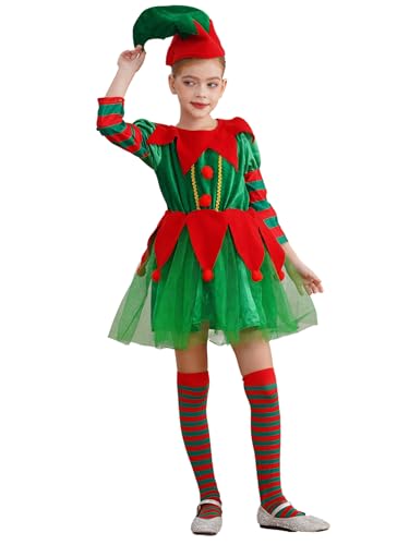 YOOJIA Kinder Mädchen Weihnachtskostüm Elfen Kostüm mit Hat und Streifen Strümpfe Weihnachts Outfits für Karneval Weihnachten Cosplay Party Grün 86-92 von YOOJIA