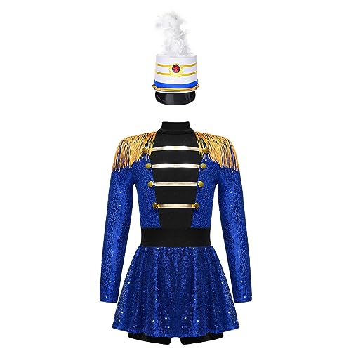 YOOJIA Kinder Mädchen Zirkus Ringermaster Kostüm Langarm Tanzkleid Bodysuit Pailletten Overall mit Hut Halloween Karneval Tanzkleidung Blau 110-116 von YOOJIA