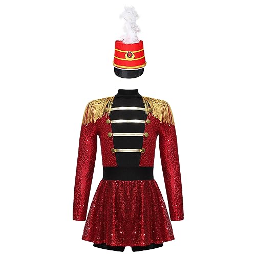 YOOJIA Kinder Mädchen Zirkus Ringermaster Kostüm Langarm Tanzkleid Bodysuit Pailletten Overall mit Hut Halloween Karneval Tanzkleidung Rot 110-116 von YOOJIA