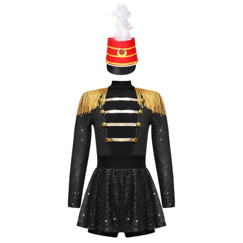 YOOJIA Kinder Mädchen Zirkus Ringermaster Kostüm Langarm Tanzkleid Bodysuit Pailletten Overall mit Hut Halloween Karneval Tanzkleidung Schwarz Rot 110-116 von YOOJIA