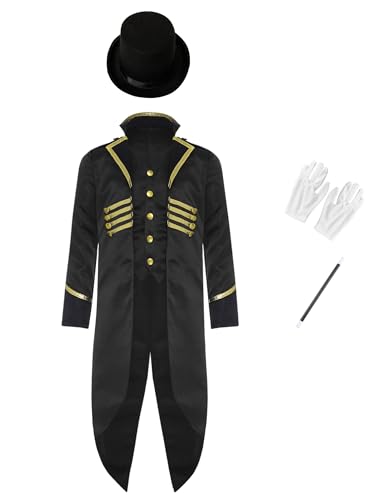 YOOJIA Kinder Steampunk Mantel Jungen Mittelalter Gothic Gehrock Jacke Frack Hut Handschuhe und Zauberstab Set Fasching Party Cosplay Verkleidung Schwarz 158-164 von YOOJIA