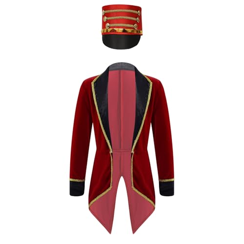 YOOJIA Kinder Unisex Zirkus Manegemeister Kostüm Jacke Langarm Frack Mantel Blazer Mantel mit Hut Halloween Karneval Verkleidung Burgundy 110-116 von YOOJIA