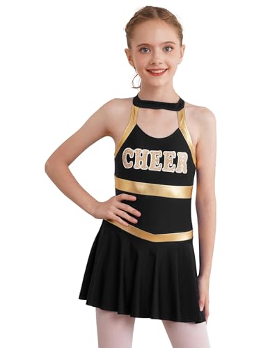 YOOJIA Kinderkostüm Cheer Leader Kostüm Mädchen Cheerleading Kleid mit Pompons und Haarzubehör Karneval Kostüm für 5-16 Jahre Ein Schwarzer 146-152 von YOOJIA