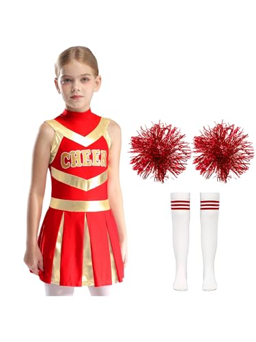 YOOJIA Mädchen Cheer Leader Cheerleading Uniform Ärmellos Brief Drucken Kleid Mit Socken Pompons Poms Cheer Kostüm Outfit für Karneval Halloween B Rot 122-128 von YOOJIA